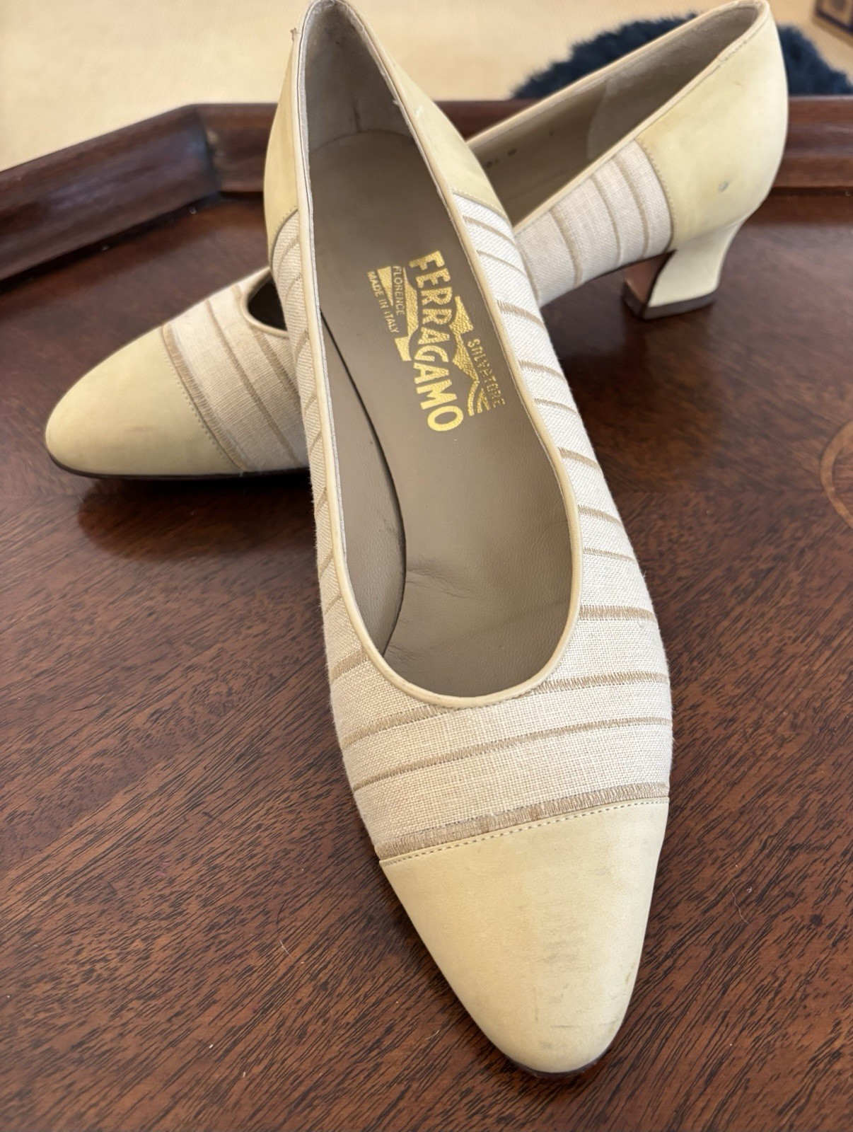 Salvatore Ferragamo Vintage Pumps Cream Beige Striped Canvas Leather Size 10.5 B