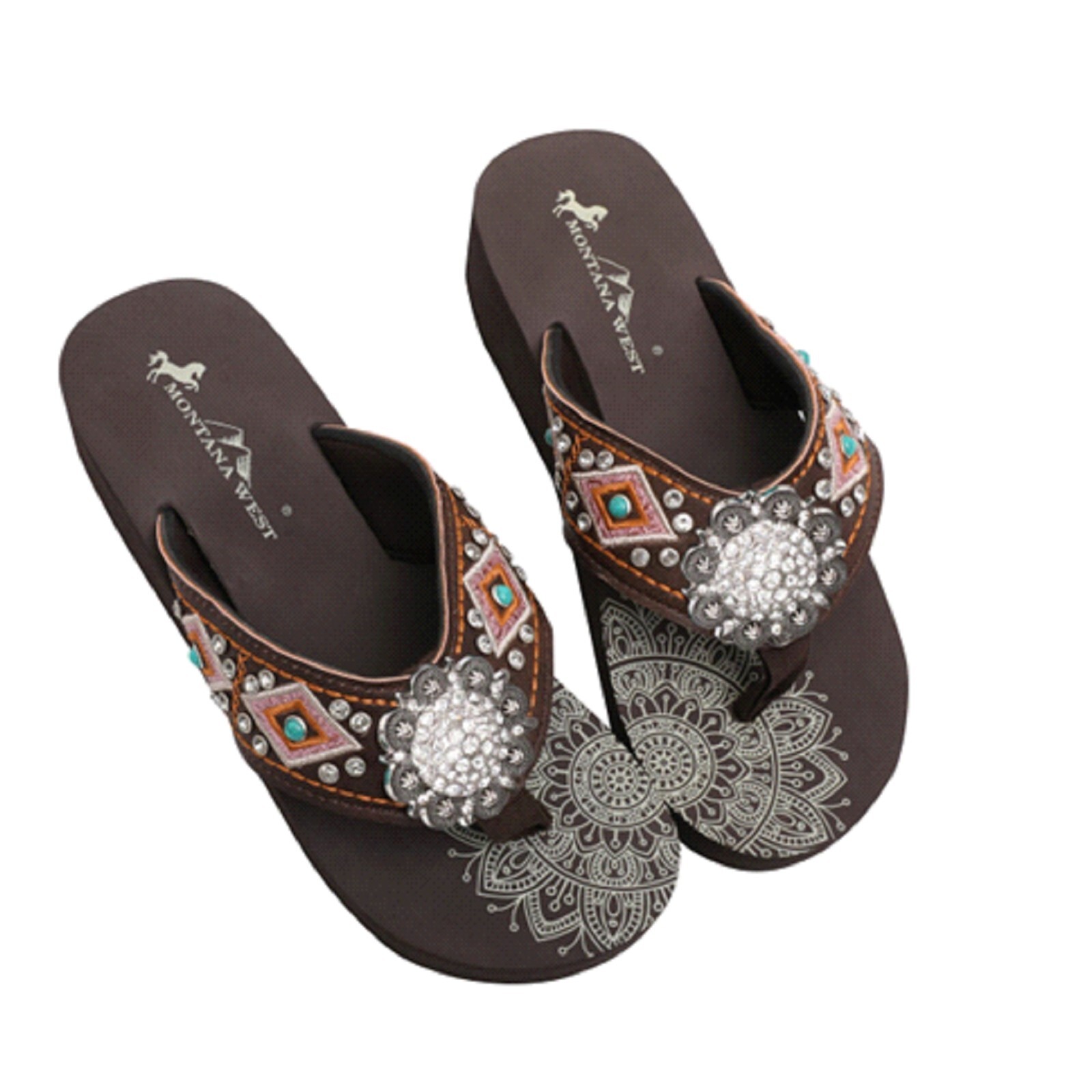 Montana West Women’s Platform Flip Flops Pink/Brown & Rhinestone Conch- NIB