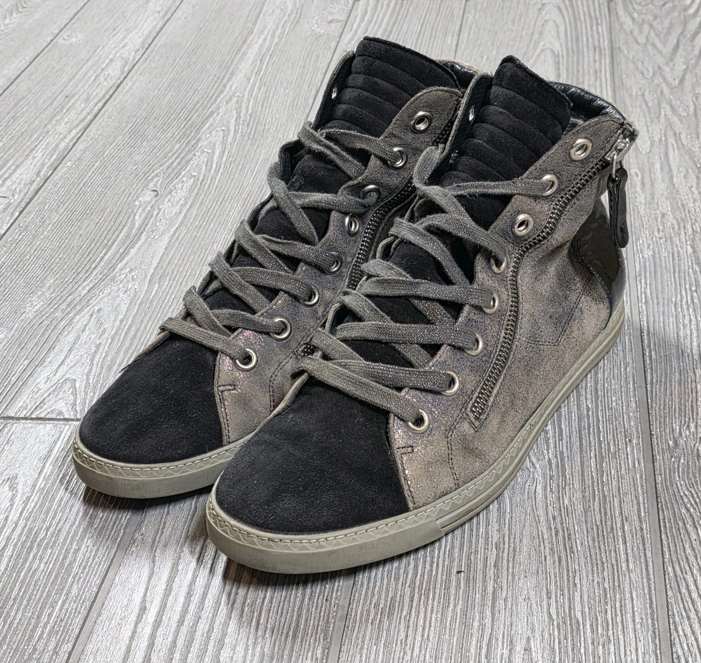 Paul Green brown Black metallic leather & suede hightop sneaker sz 8.5 zip Side