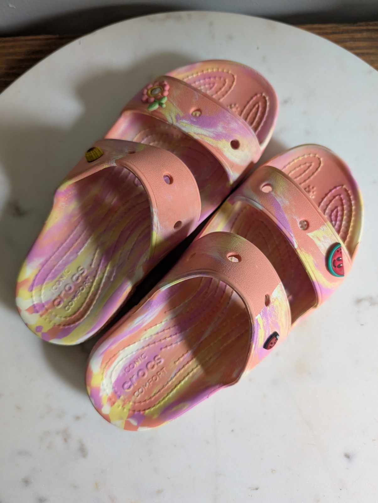 Crocs Iconic Comfort Women’s Slide Sandals Pink Yellow Marble Jibbitz Size W7