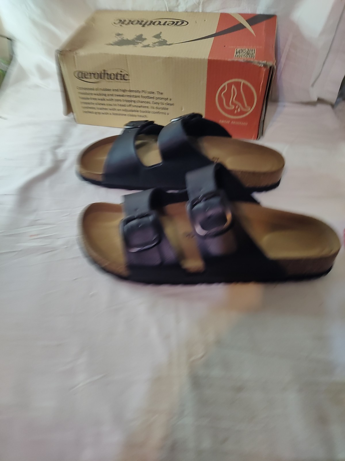 Aerothotic Cork Slides Womens Sz 10 Black Synthetic Leather Adjustable Straps