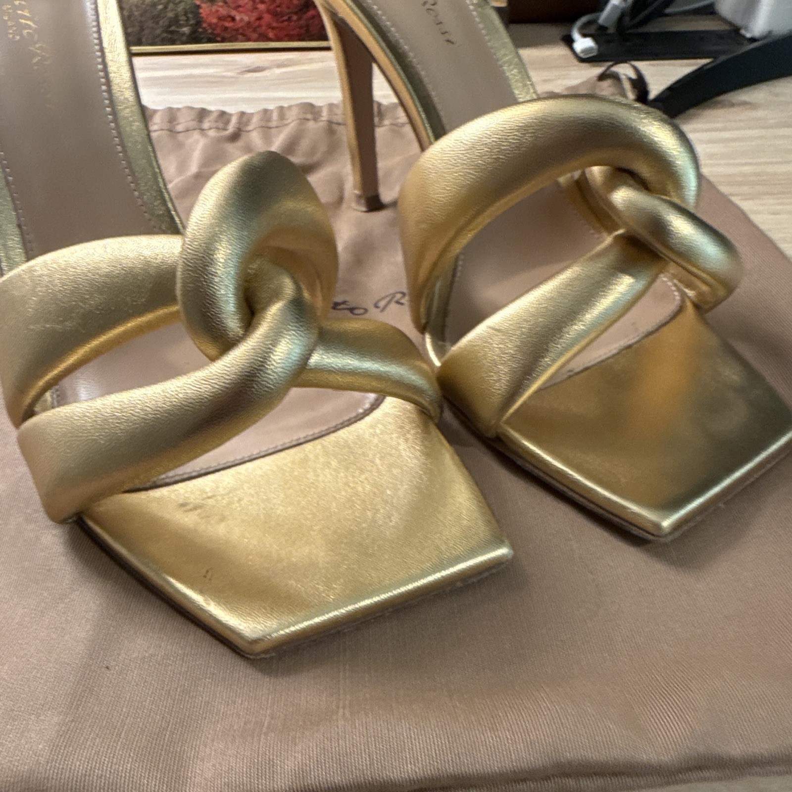 Gianvito Rossi Gold Leather Knot Open Toe Slip On Mule Stiletto Heels 7.5