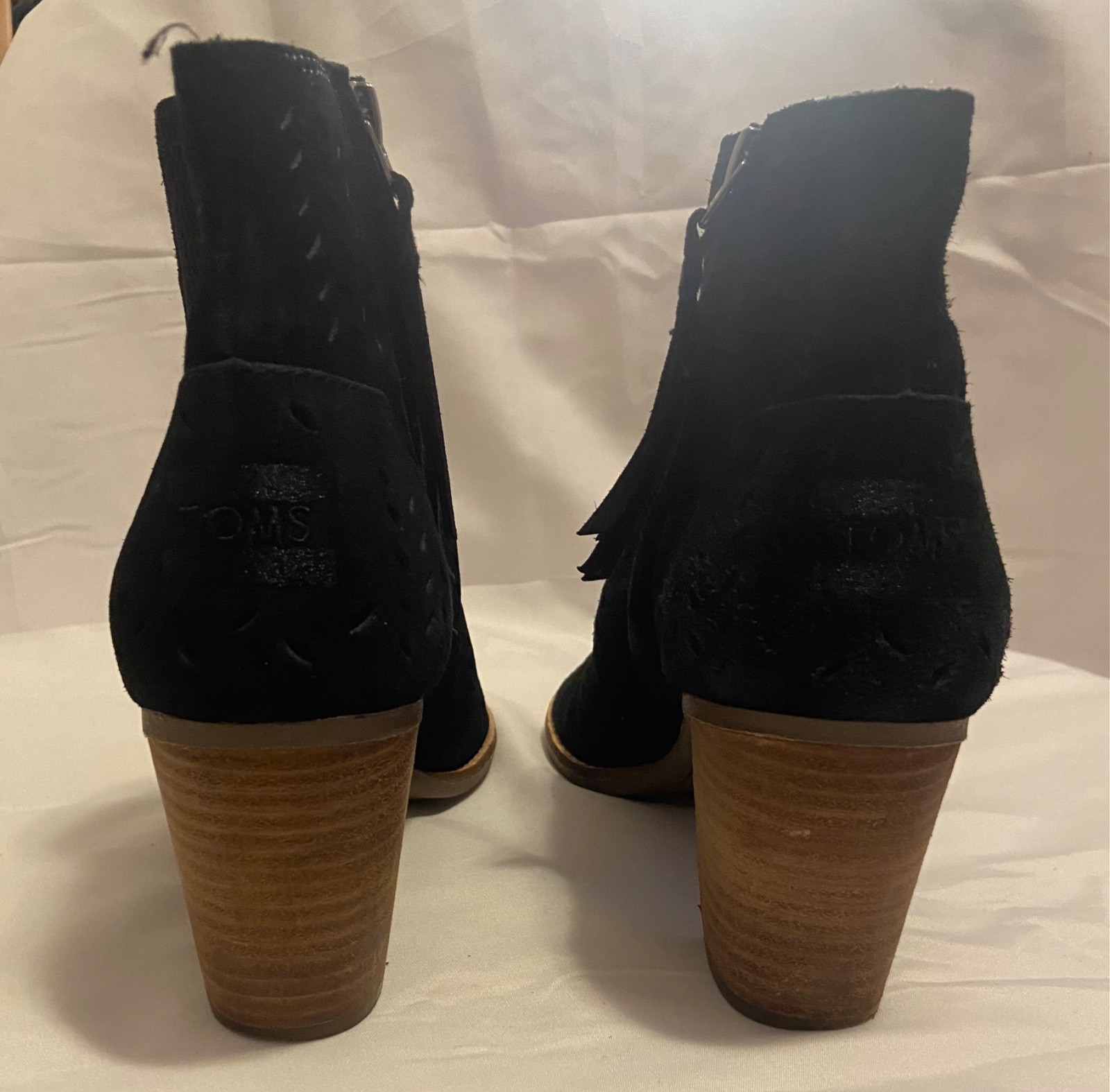 Toms Boots Womens 8W Majorca Ankle Booties Gray Suede Peep Toe Heels Side Zip