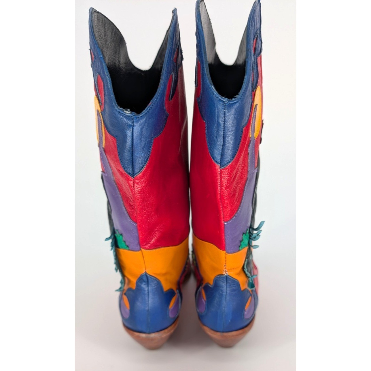 VTG Zalo Multicolor Leather Fringe Cowboy Boots 6.5 Western Boho Festival Art