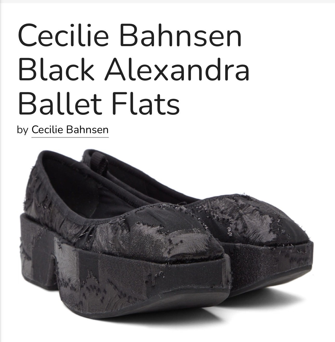 Cecilie Bahnsen Black Ballet Flats Square Toe Slip-On Floral Textured Cotton 9US