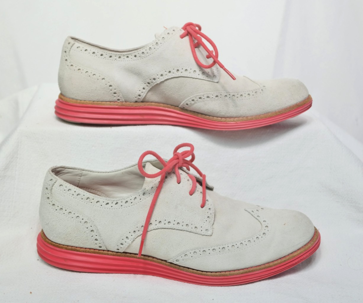 Cole Haan Lunargrand Wingtip Oxford Suede Shoes Womens 8B Gray Pink