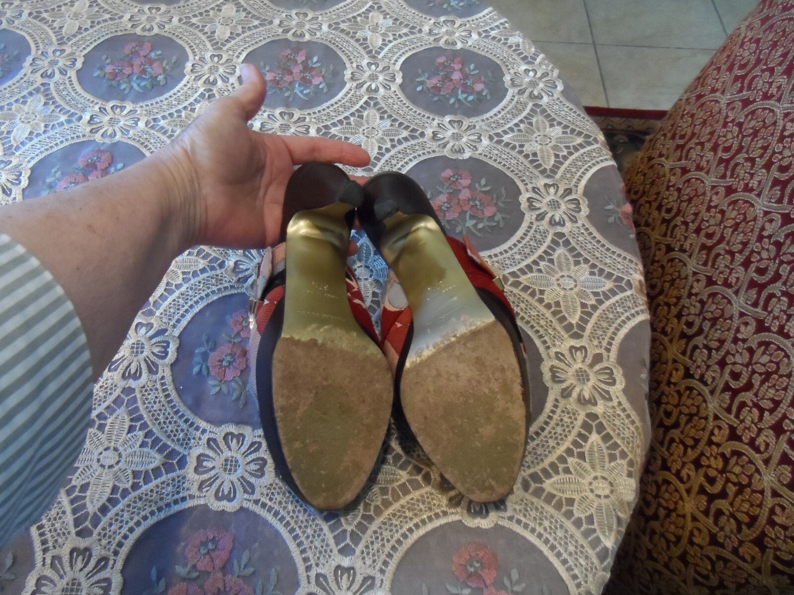 Emilio Pucci Brown Multi Color Corduroy Mules w/Gold LOGO Buckled Size 37.5B