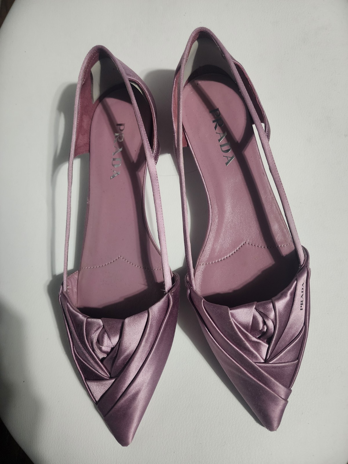 PRADA Satin Cut-Out Pointed Toe Ballerina Flats Rose Pink/ Women’s EU 40