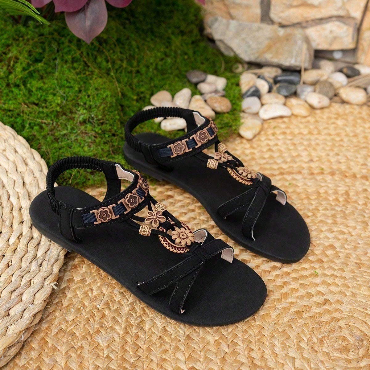 Flat Sandals for Women Boho Dressy Ladies Sandal Non Slip on Elastic Ankle Strap