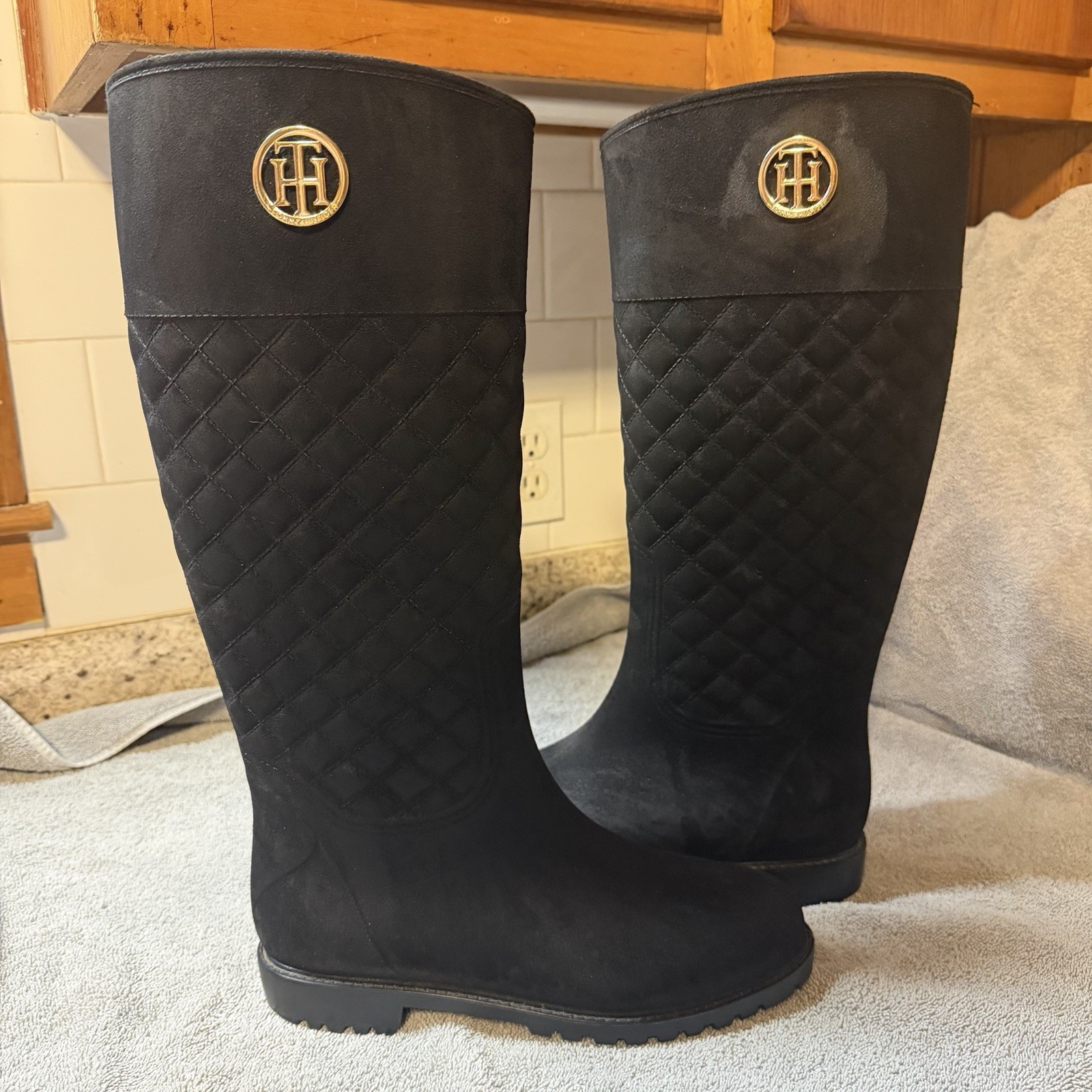 Tommy Hilfiger Babette Black Quilted Logo Knee High Textile Riding Boots 9M