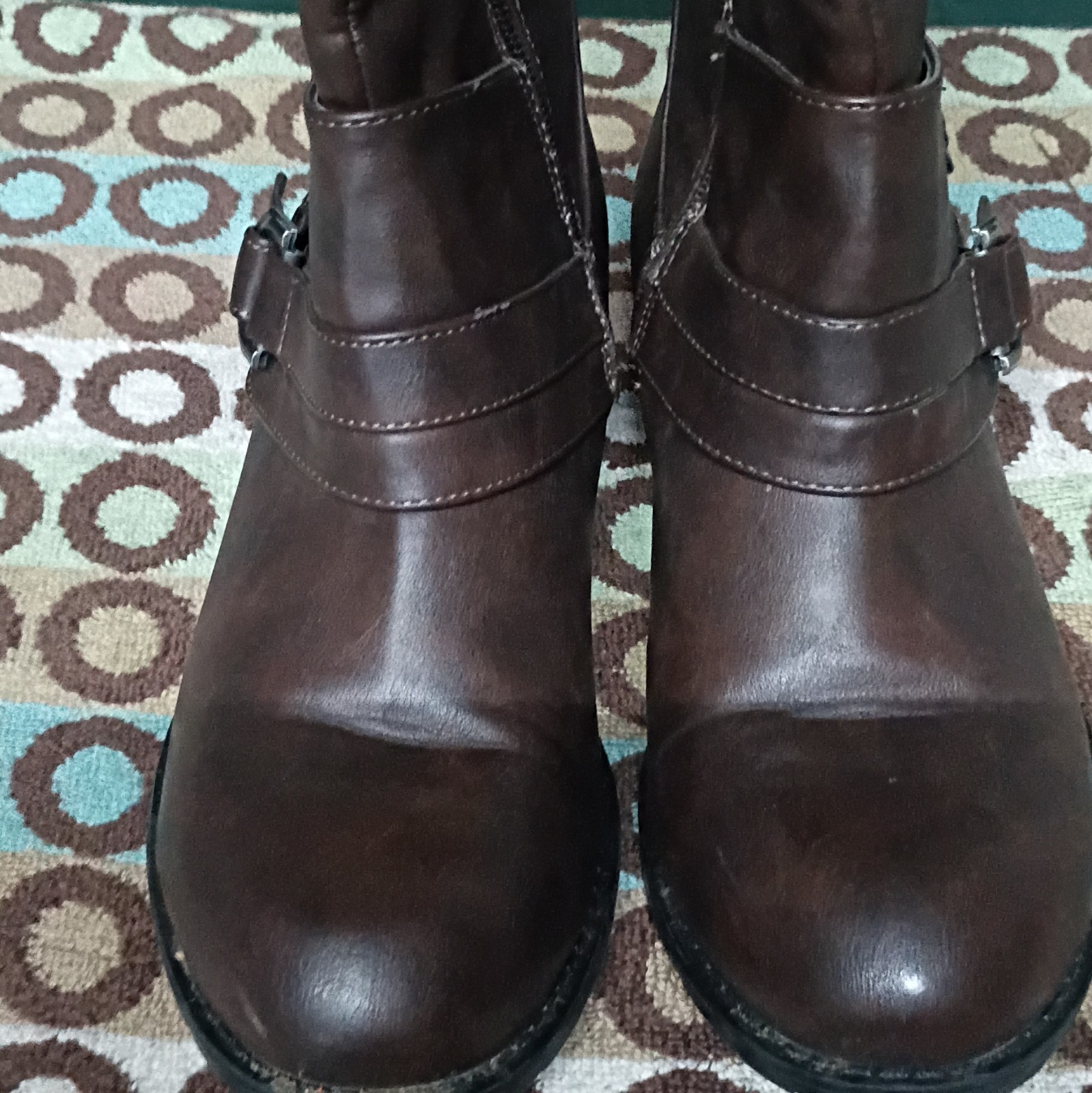 JustFab Robienne Brown Knee High Riding Boot Round Toe Zip Buckle Straps US 8