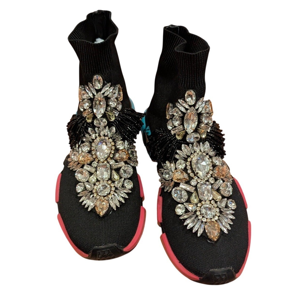 Pink Elephant Sock Sneakers 38 Black Crystal Embellished Fringe Statement Glam