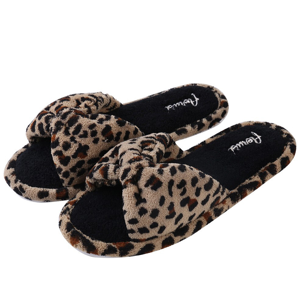 Comfy Warm Leopard Pattern Soft Slippers Open Toe Anti Slip Indoor Shoes 6-10