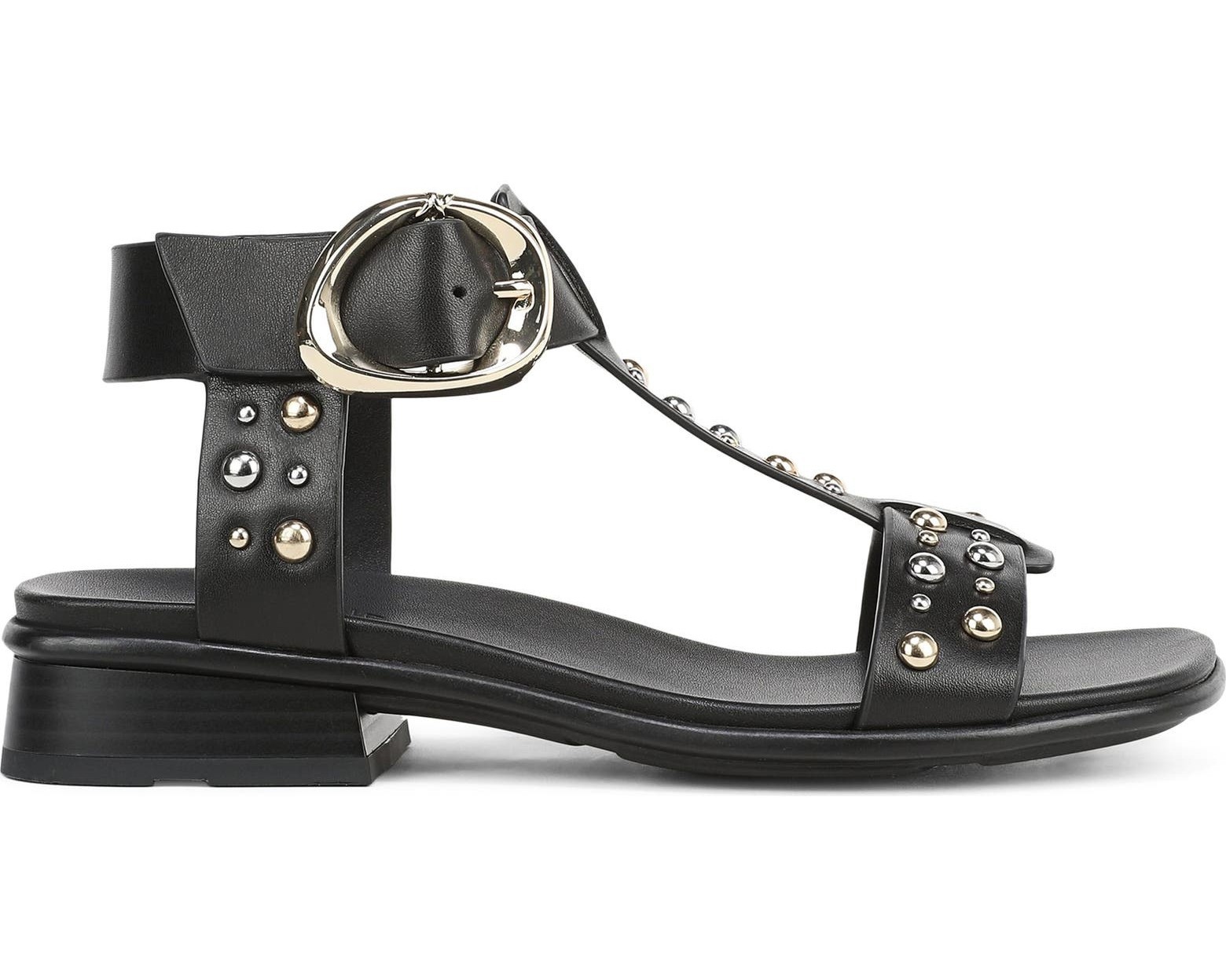 Naturalizer Women’s Brandy Stud T-Strap Buckle Strappy Sandal Black Leather 12W