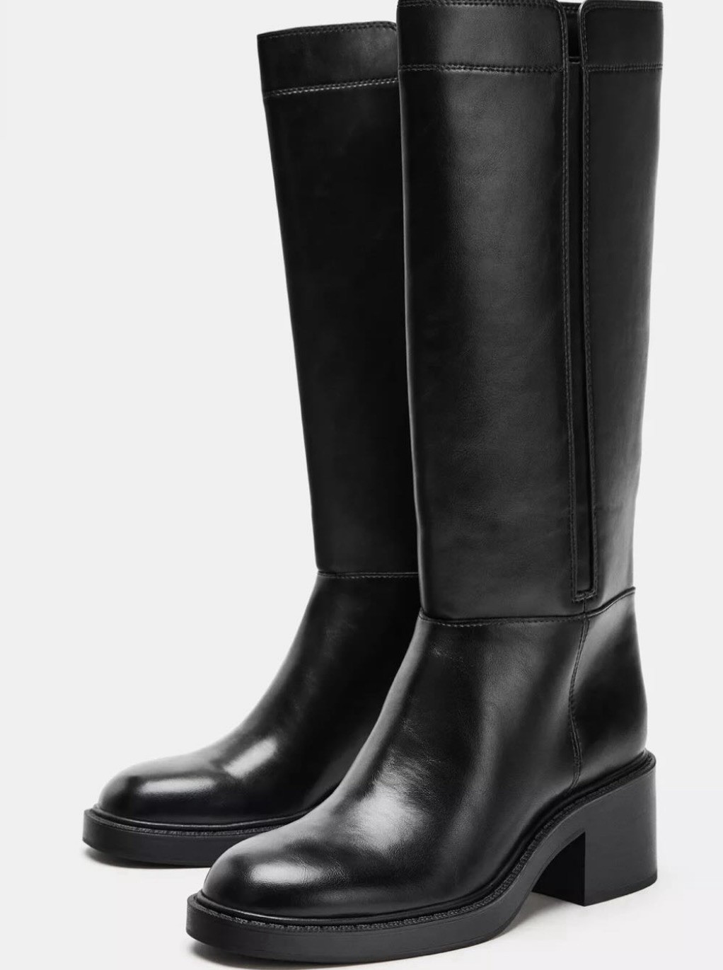 Zara $139 Faux Leather Black Boots Chunky Block Low Rubber Heel Hunting