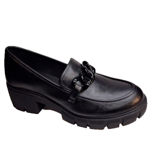 MADDEN NYC Comfort Size 11 Black Shiny Chain Link Design Heel Loafer Shoes NEW