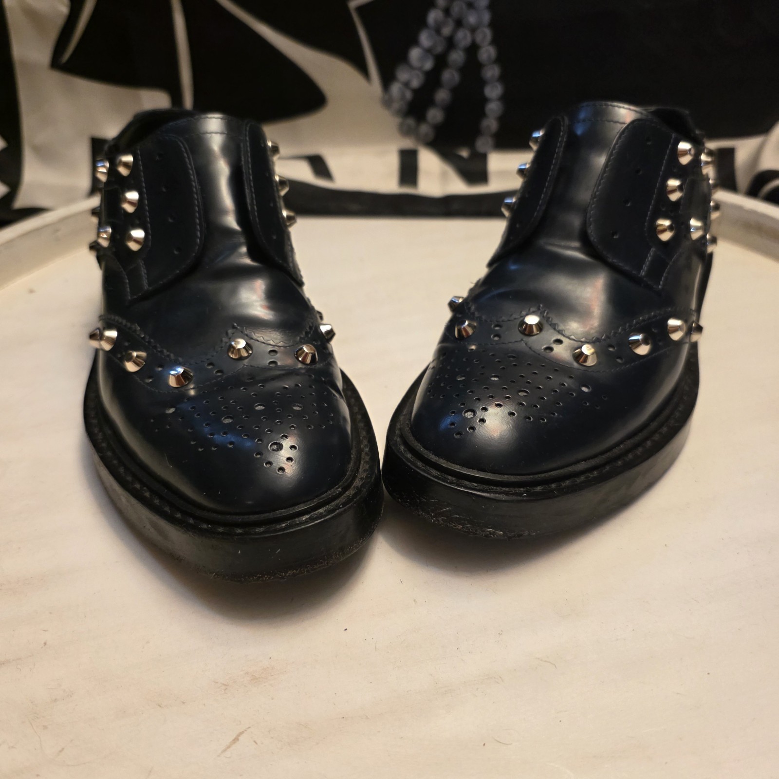 Balenciaga Women’s Black Leather Studded Slip On Loafers. Size 38