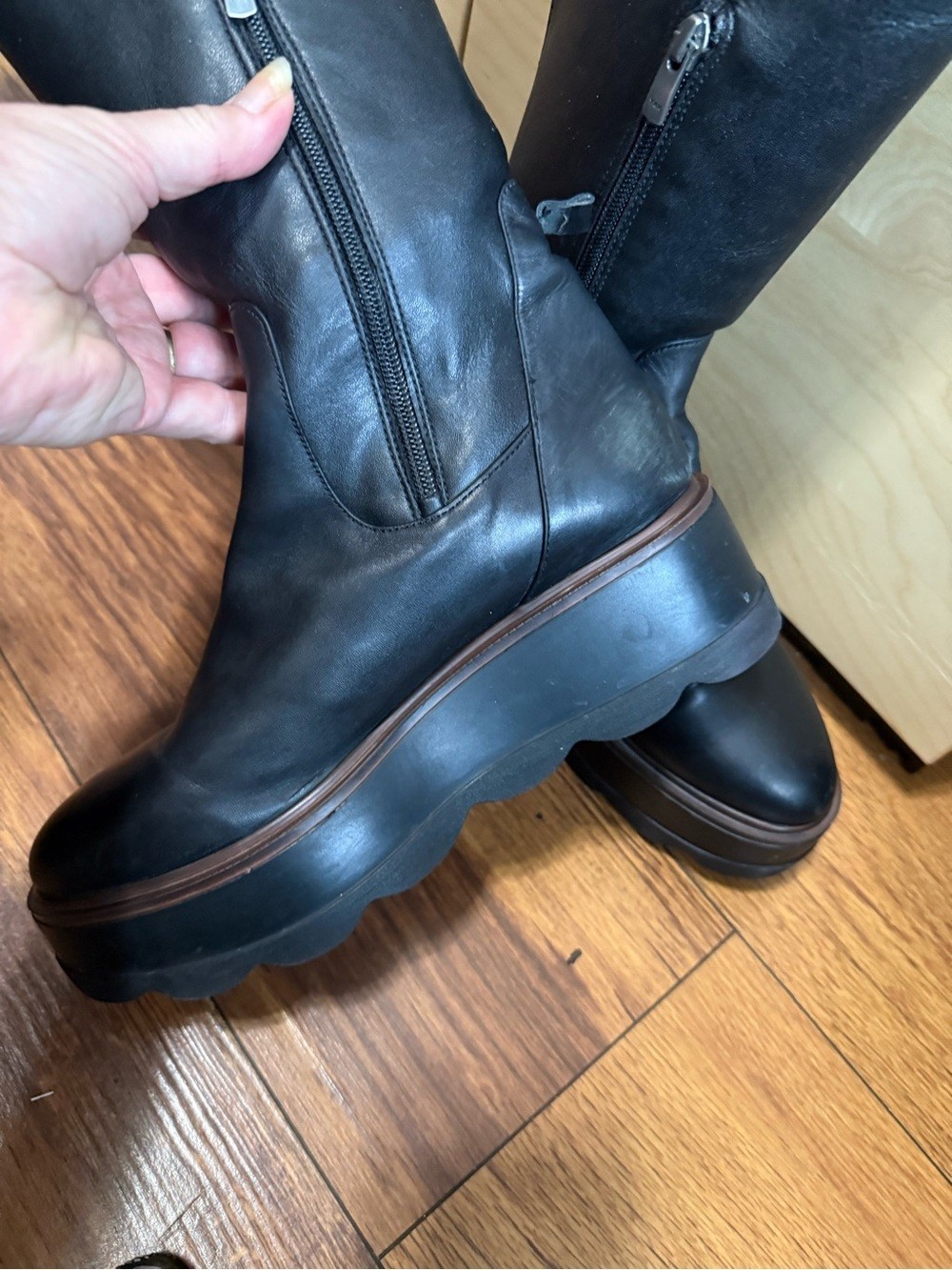 Black Platform Knee-High Leather Like Boots