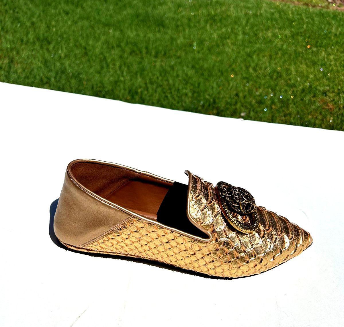 Kurt Geiger London Chelsea Point Flats 9 EU 40 Gold Snake Leather w/Eagle NEW