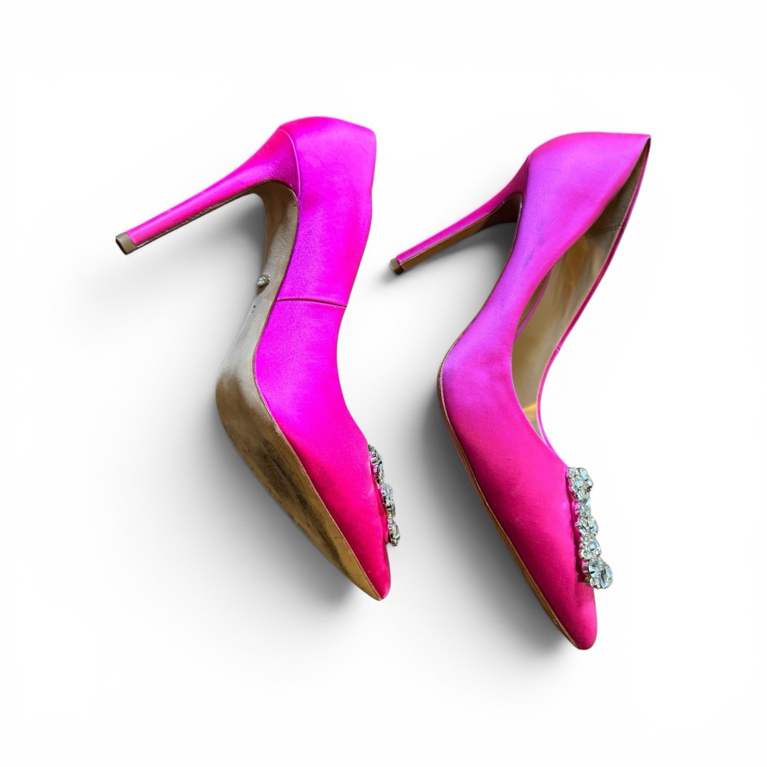 Badgley Mischka satin crystal-buckle pumps in a hot pink/fuchsia satin.