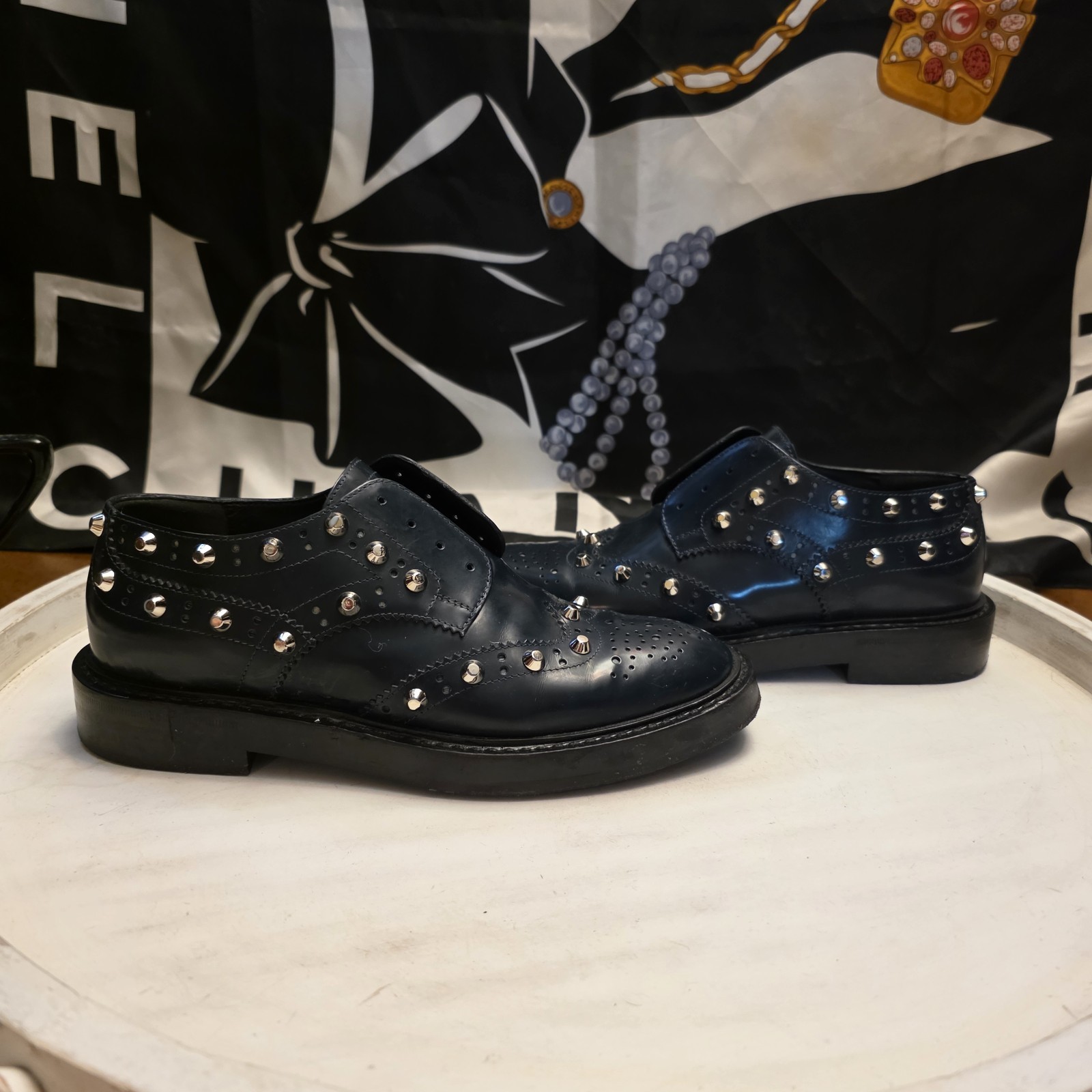 Balenciaga Women’s Black Leather Studded Slip On Loafers. Size 38