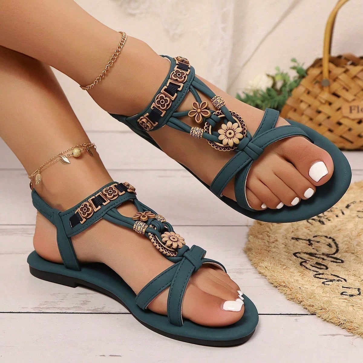 Flat Sandals for Women Boho Dressy Ladies Sandal Non Slip on Elastic Ankle Strap
