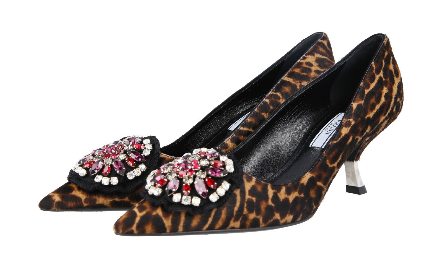 PRADA Pony Fur CRYSTAL BROOCH Pumps Shoes 1I015G Leopard NEW – US 6.5 EU 36,5