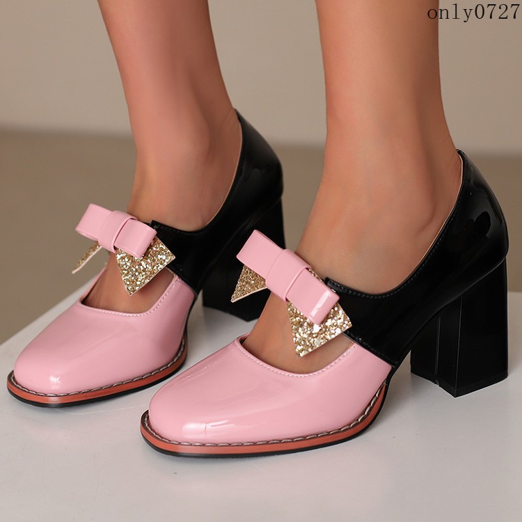 Women’s Colorblock Shiny Faux Leather Bowknot Sequins High Block Heel Shoes Plus