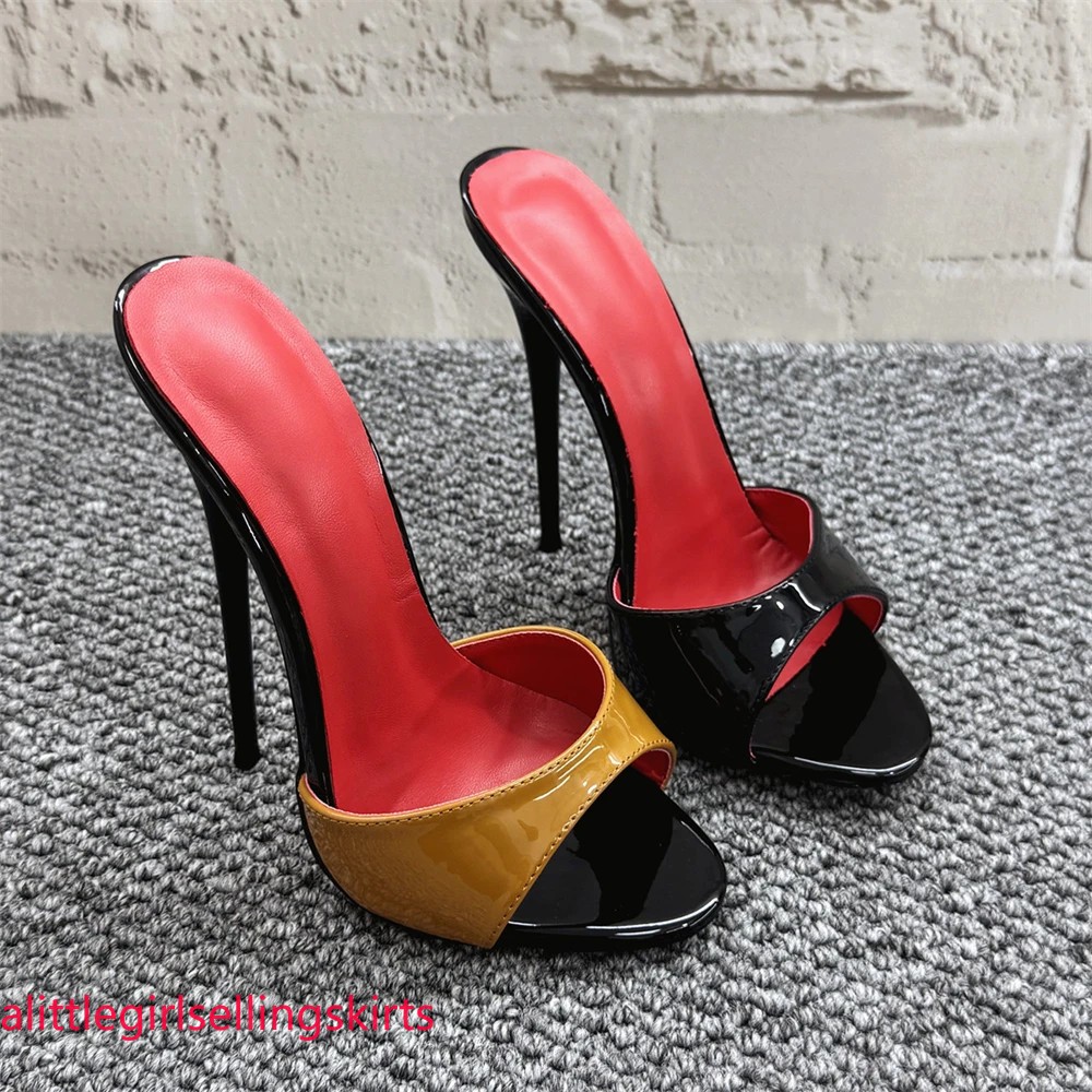 Women 16cm Mules Sexy Stilettos Slippers Patent Leather Summer High Heels Pumps