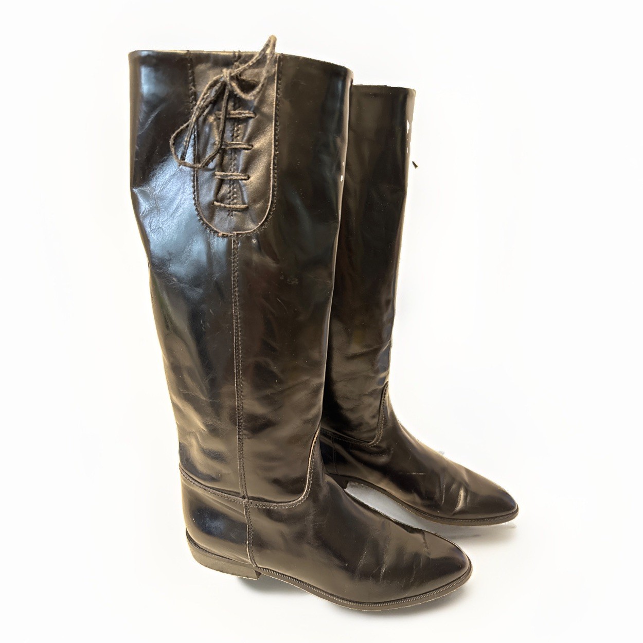 Charles David Womens Tall Metallic Black Leather Boots Tie Detail Sz 8.5AA Italy