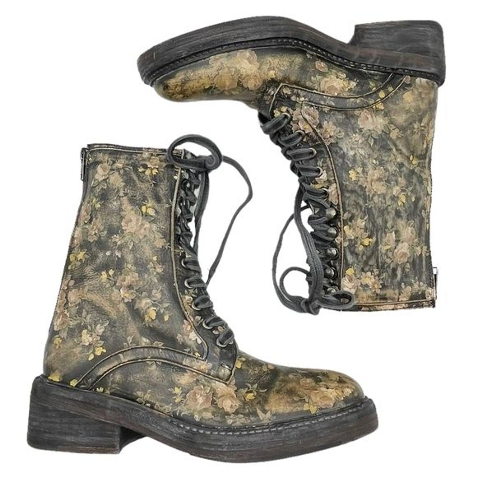 Free People Black Floral Leather Lace-Up Combat Boot Sz 8 Grunge Boho New In Box