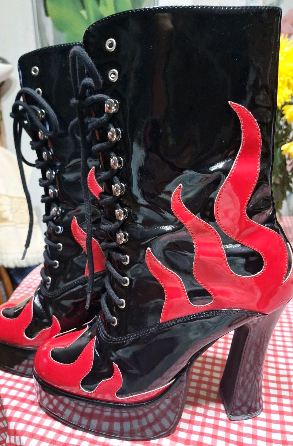 GUC – Size 10 – Ellie Red Flame Platform Lace Up Boots – See Conditions
