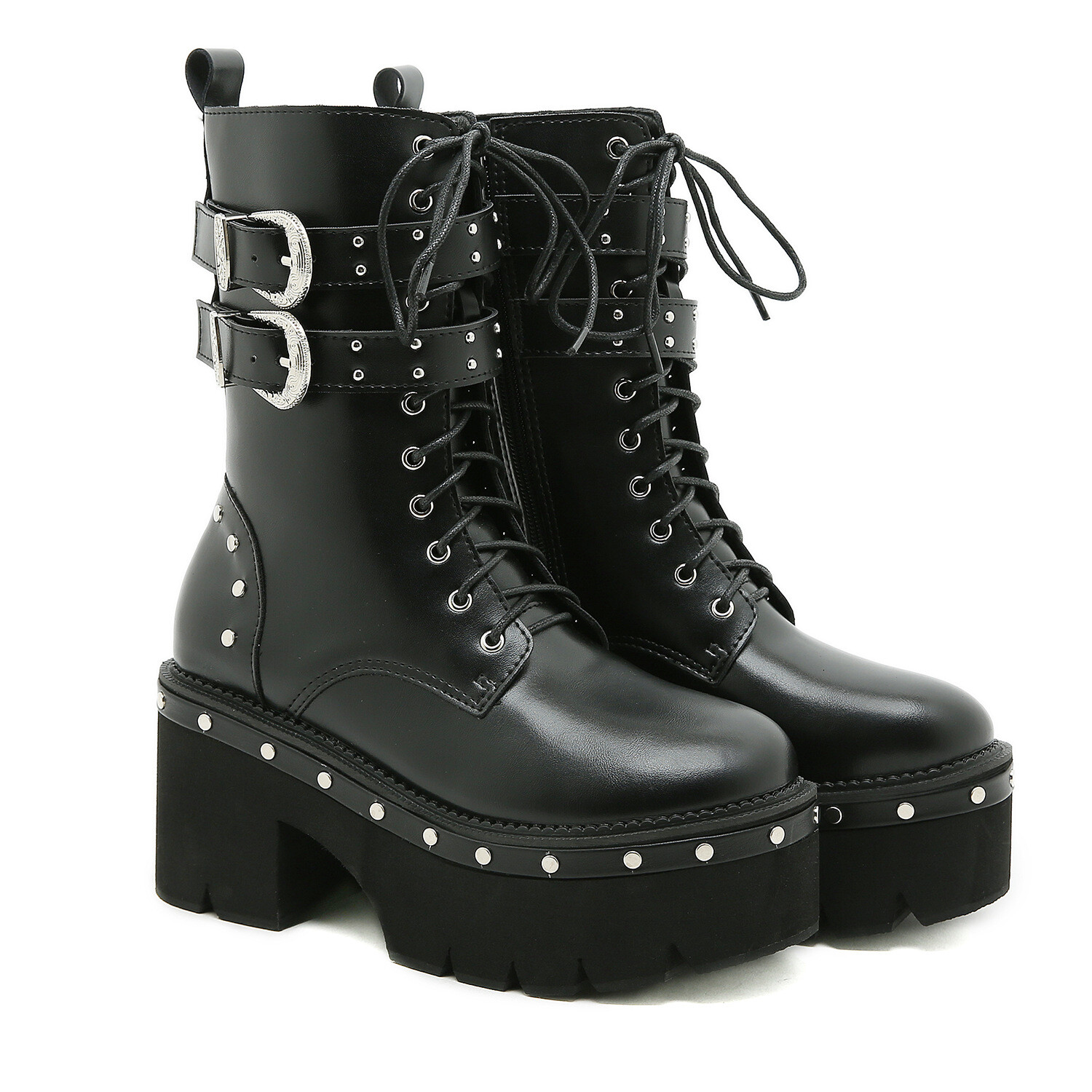 Men’s Studded Rivet Platform Motorcycle Ankle Boots Punk High Heel Leather Shoes