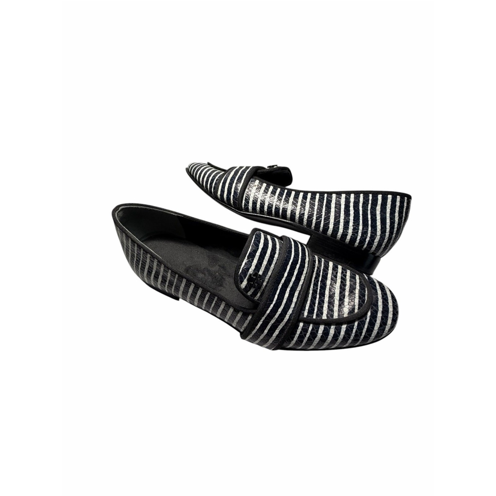 Tory Burch Evette Penny Loafers Striped Black & White Leather Loafers Sz 5.5