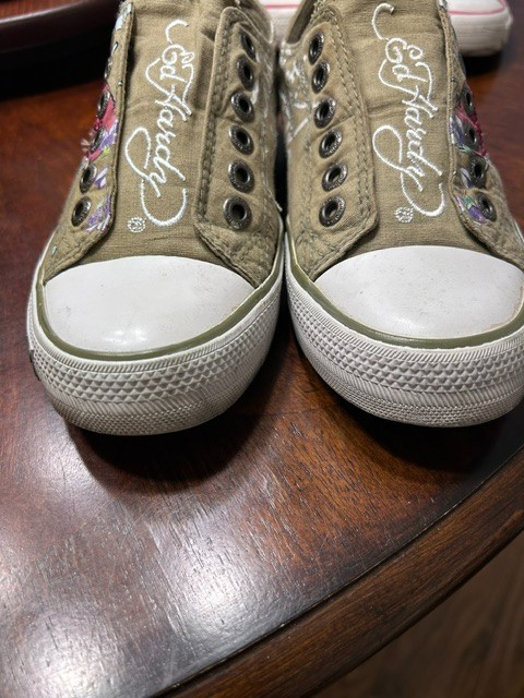 Vintage Ed Hardy Tan/Green Koi Fish Slip On Sneakers Tattoo Art Y2K Size 5