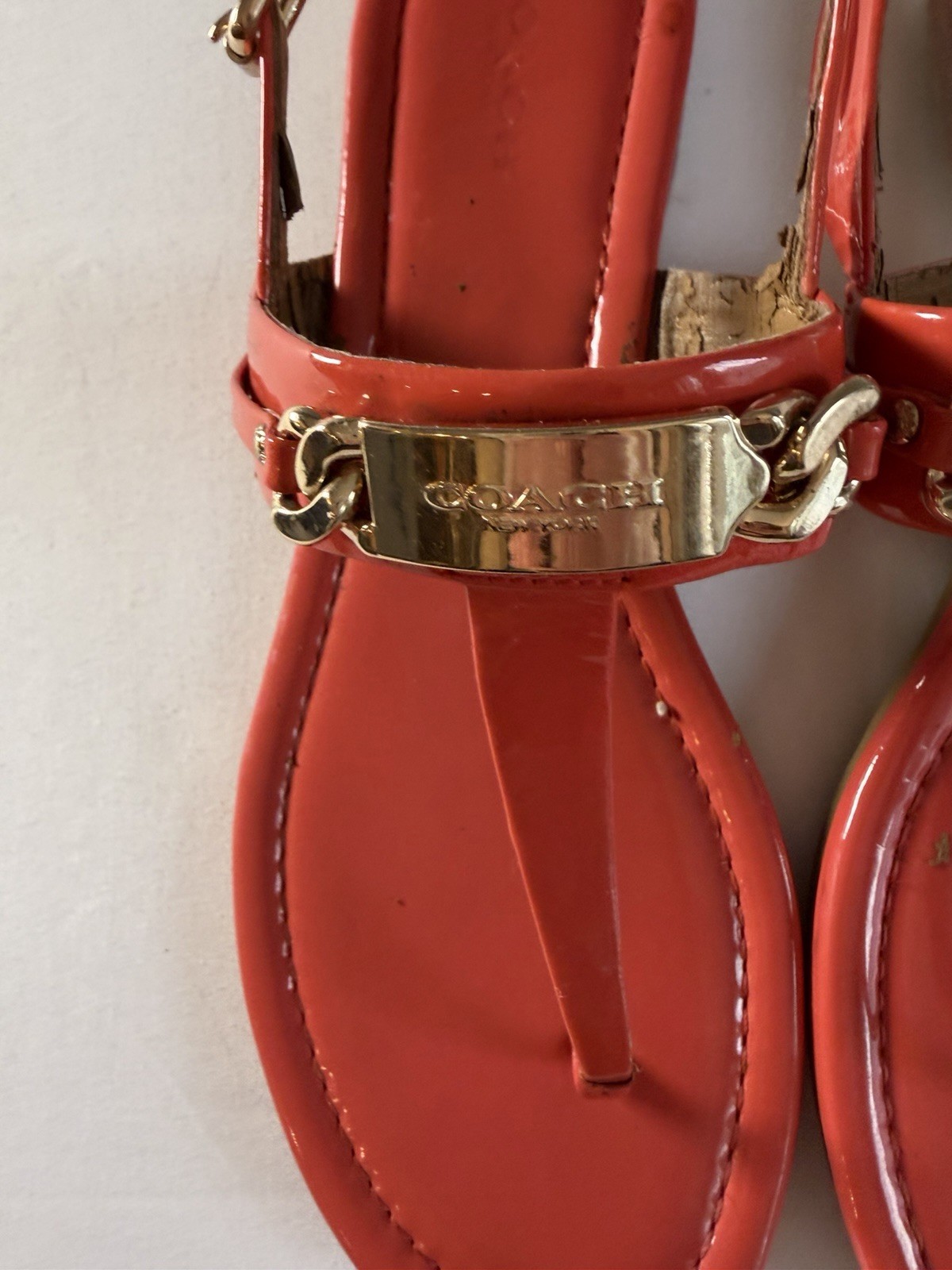 Coach Catherine Orange Leather Thong Flat Sandals Ankle Strap Buckle Logo US 8 B