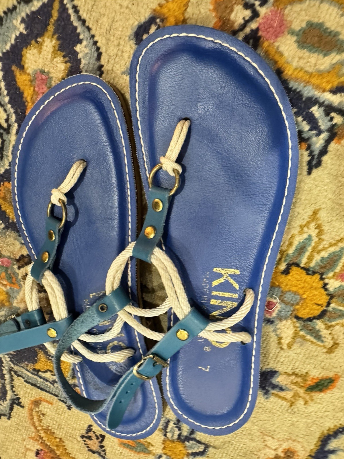 Kino Strappy Leather Buckle Flat Sandals Blue White Solid Women’s Sz 7