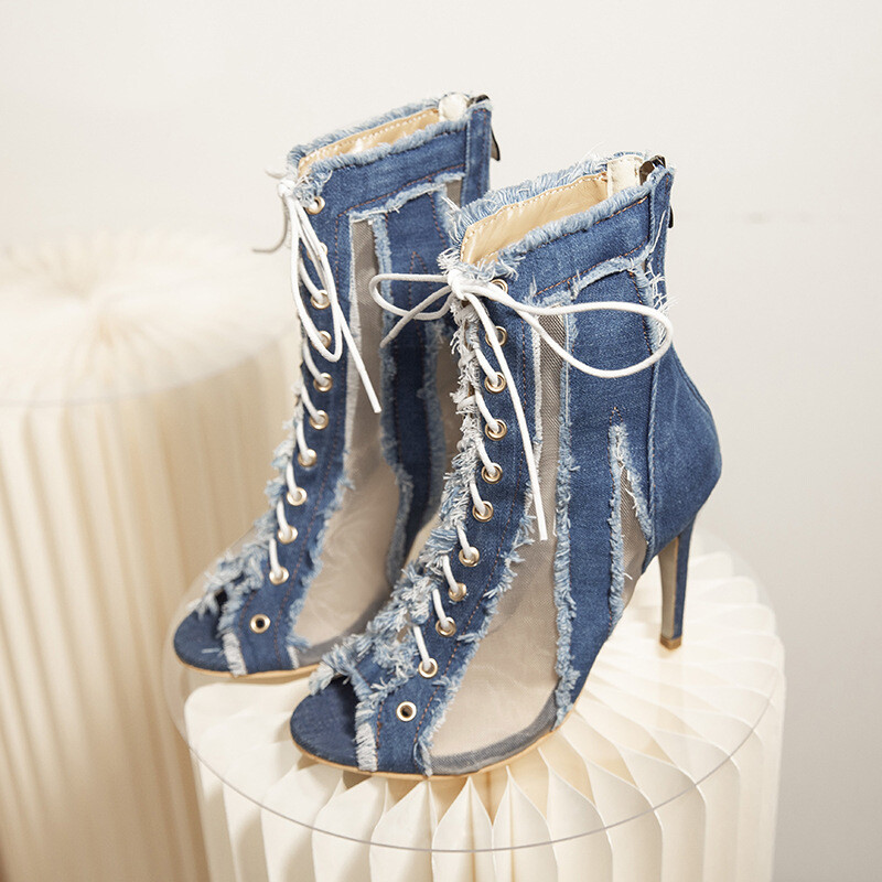New Women Lace Up Peep Toe Sexy High Heels Mesh Denim Fashion Sandals Boots