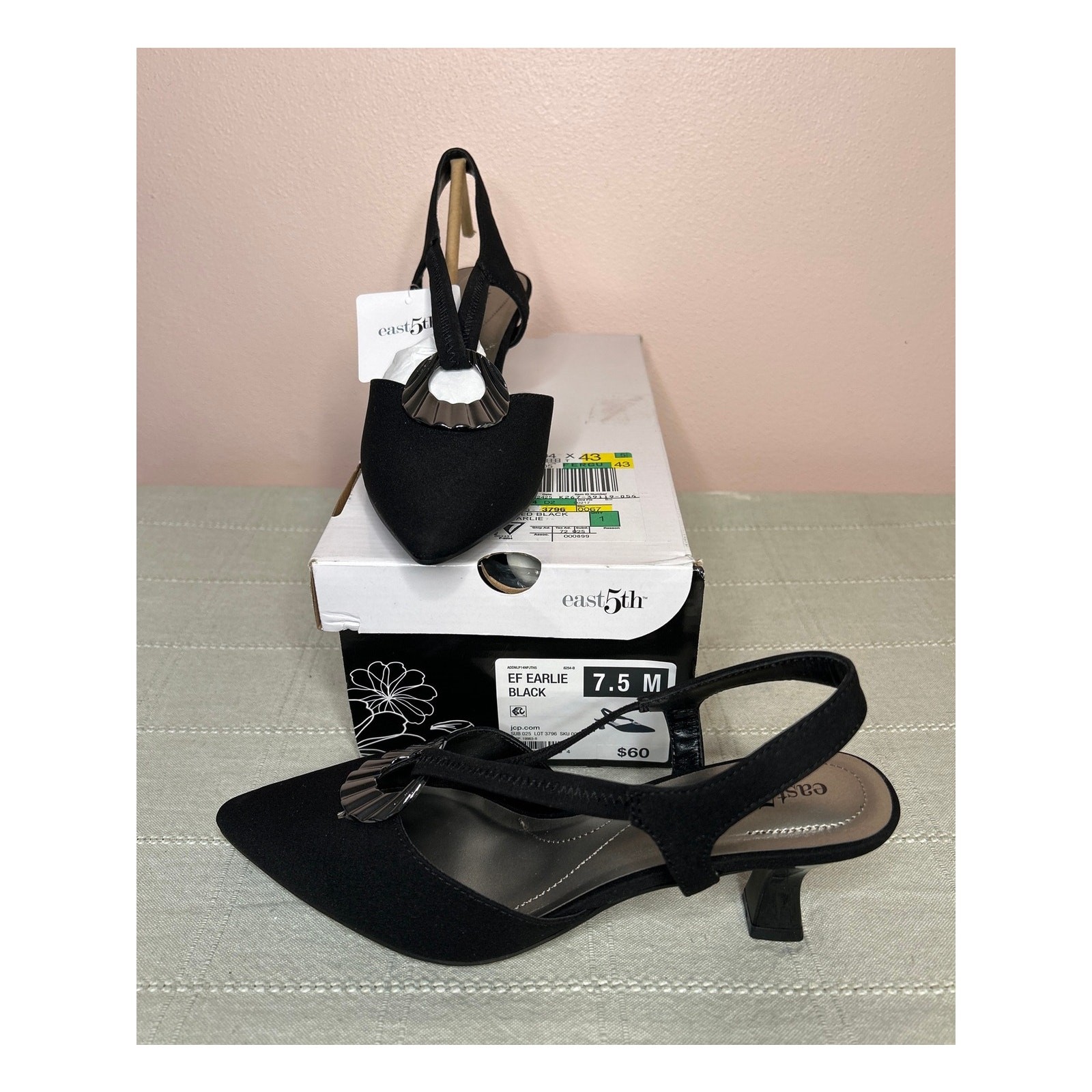 East 5th Earlie Women’s Black Crepe Slingback Pointed Toe Stiletto Heel Size 7.5
