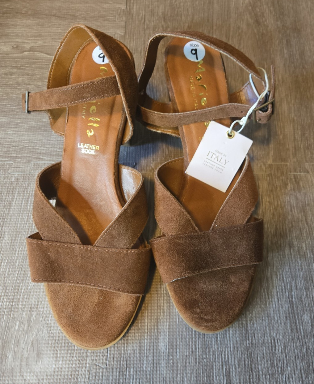 Mariella Women’s Suede Block Heel Sandals Size 9 Cognac Brown Made In Italy NWOB
