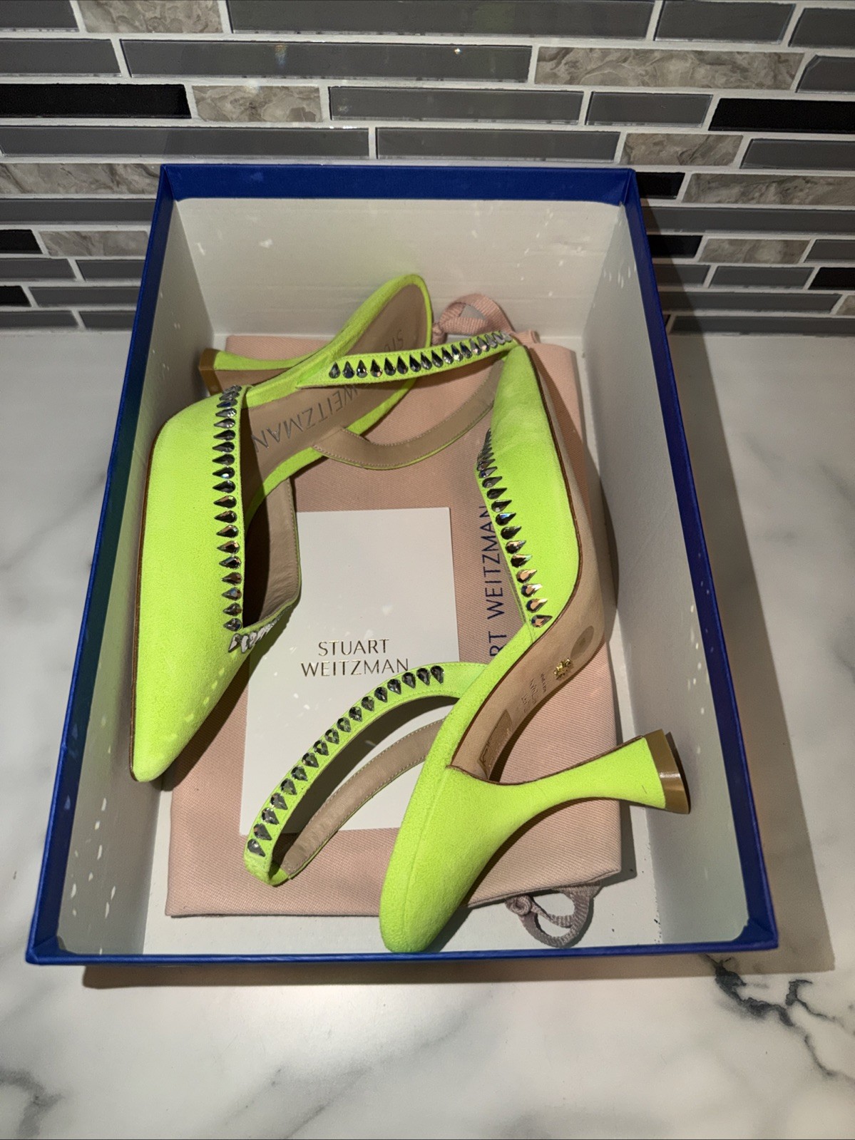 Stuart Weitzman GEMCUT XCURVE 100SLINGBACK Neon Green Suede Swarovski Crystal 6B