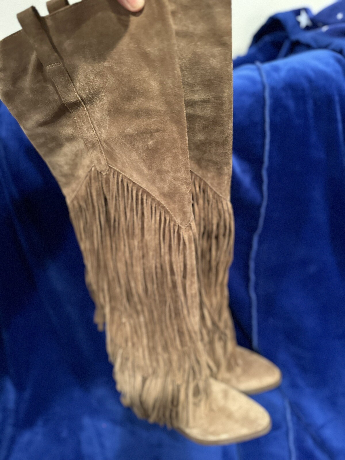 Ash Gipsy thigh high brown suede tiered fringe pull on boots Sz 8 (39M) HTF box