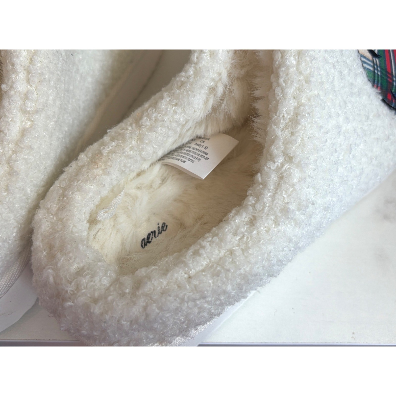 Aerie Sherpa Platform Slippers Cream White Plaid Smiley Face Mules Womens 7