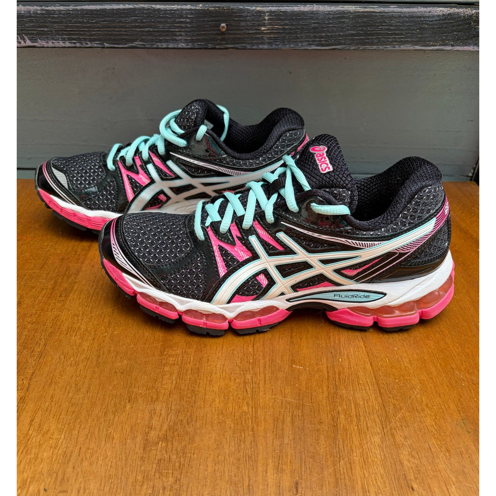 ASICS GEL Nimbus 15 Womens Running Shoes US 7.5 Black Pink Aqua FluidRide T4A7N