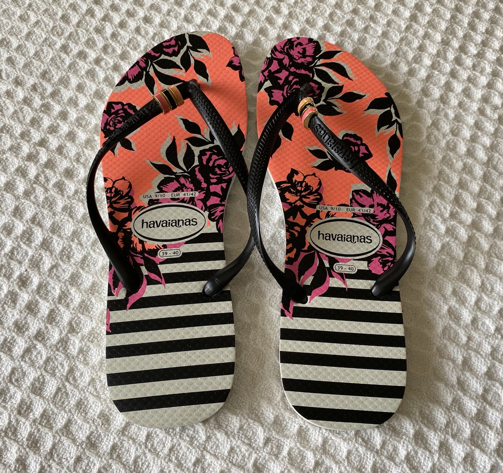 HAVAIANAS Slim Floral Stripe Flip Flops Thong Sandals 39/40 EUR 41/42 USA 9 / 10
