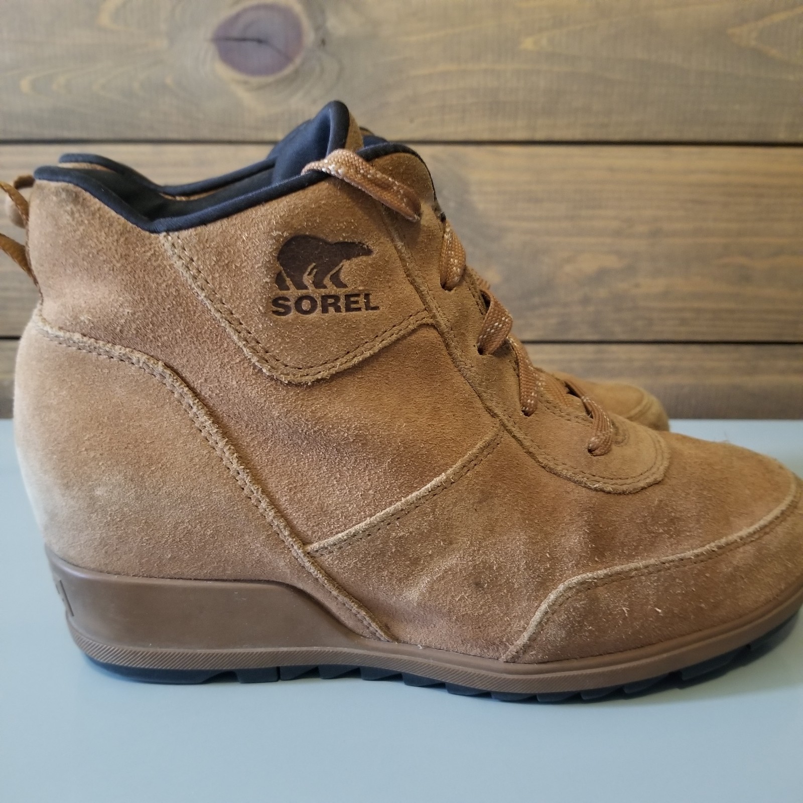 Sorel Evie Sport Wedge Heel Lace Brown Suede Booties Boots Womens Sz 8