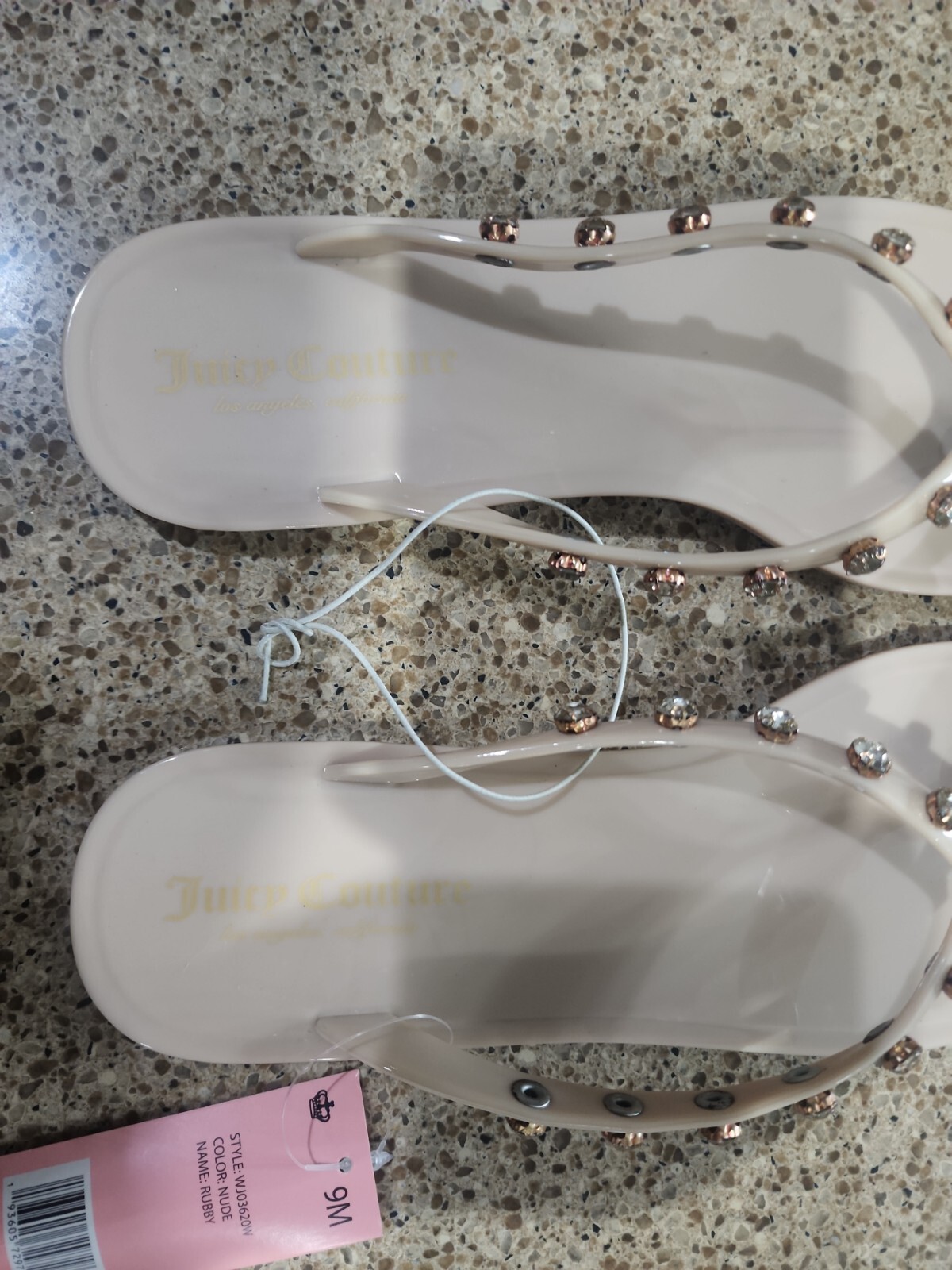New Juicy Couture Womens Nude Jeweled Bling Flip Flops Size 6M 7M 8M 9M 10M