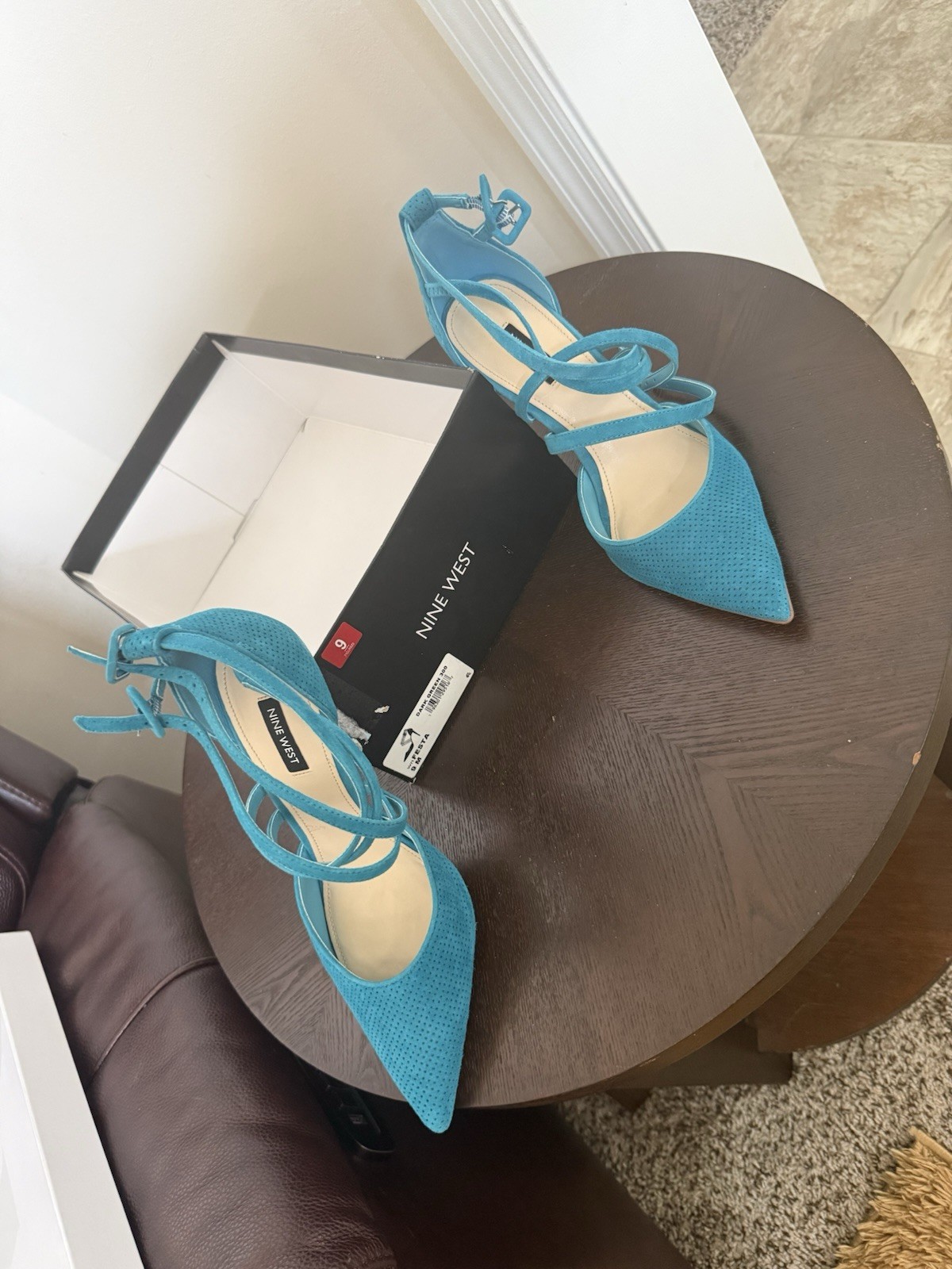 Nine West Blue Suede Strappy Ankle Strap Pointed Toe Stiletto Heels 9M