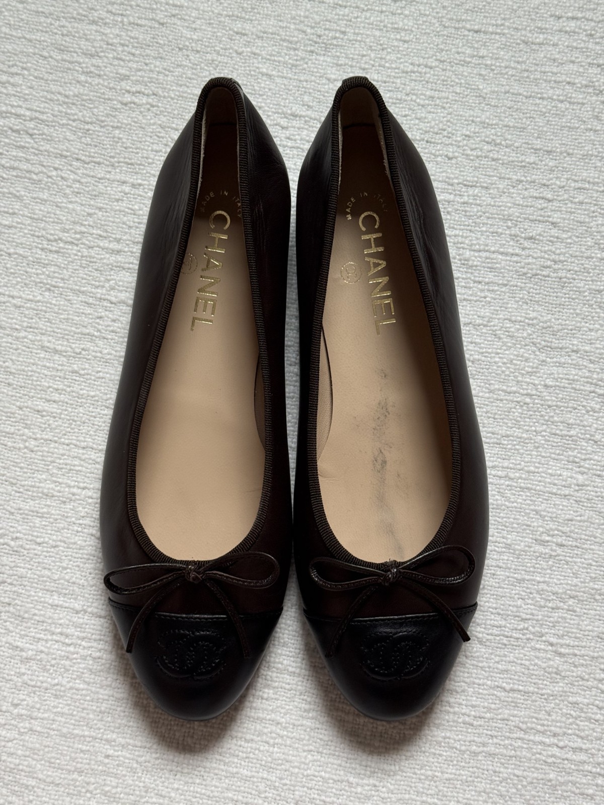 CHANEL Ballet Flats, Brown & Black Lambskin CC Cap Toe (G02819 X01000) w/ Box