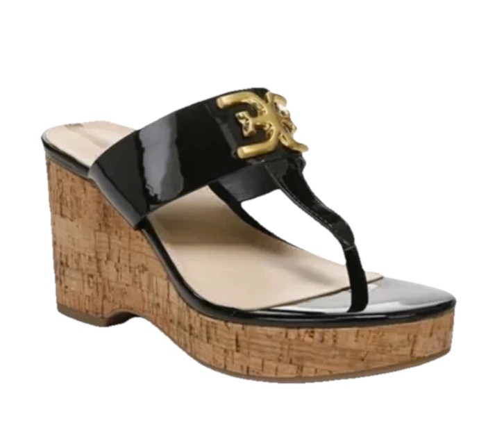 Sam Edelman Yardlie Sz 7.5 US Wedge Cork Faux Patent Leather Sandals Black